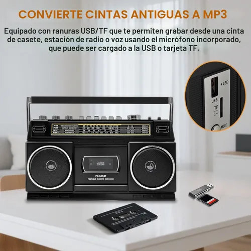 Miniatura 4 de Reproductor de casete Boombox con Bluetooth, radio AM/FM/SW y grabación a USB, sonido estéreo de 24 W, 4 modos de alimentación, estéreo retro
