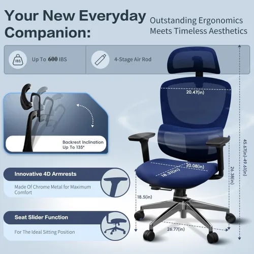 Miniatura 3 de Silla de oficina ergonómica, silla de escritorio de respaldo alto con apoyabrazos 4D, silla giratoria reclinable de 135° con bloqueo de inclinación