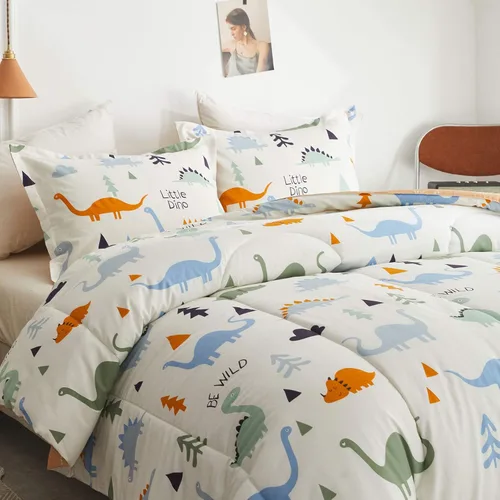 Miniatura 2 de Joyreap Juego de edredón de algodón de 3 piezas para niños, edredón de algodón tamaño individual de dinosaurio para niños y niñas, diseño reversible