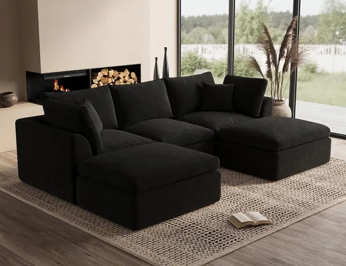 Miniatura 47 de ohllob Sofás seccionales Cloud de 110 pulgadas para sala de estar, sofá deshuesado en forma de L con otomana, sofá modular de 3 plazas, color negro