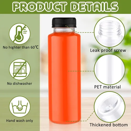 Miniatura 3 de Thenshop 24 botellas de plástico de 12 onzas con tapas, botellas de plástico desechables de PET transparentes con tapas negras a prueba