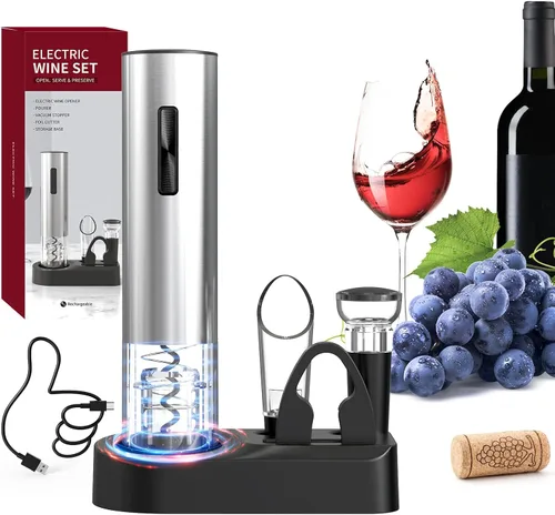 Miniatura 8 de CIRCLE JOY Juego de abridor eléctrico de botellas de vino de acero inoxidable, recargable, 8 en 1, juego de regalo de vino con base de carga, Plata