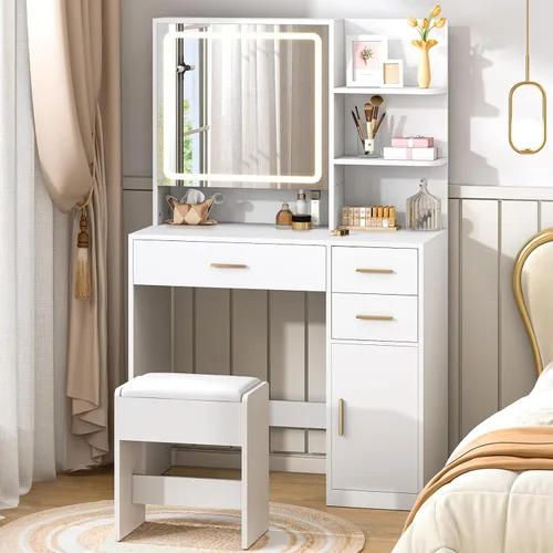 Miniatura 6 de Escritorio de tocador con espejo y luces, escritorio de maquillaje con cajones y gabinete, tocadores con silla tapizada, mesa de maquillaje blanca
