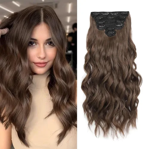 Miniatura 12 de Fliace Extensiones de cabello con clip para mujer, extensiones de cabello ondulado largo de color marrón medio, extensiones de cabello sintético