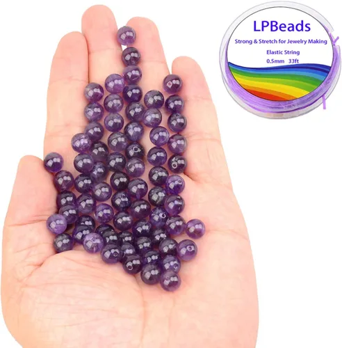 Miniatura 2 de Cuentas sueltas de 0.315 pulgadas/8mm de piedra natural redonda para hacer joyas con cordón elástico Amatista