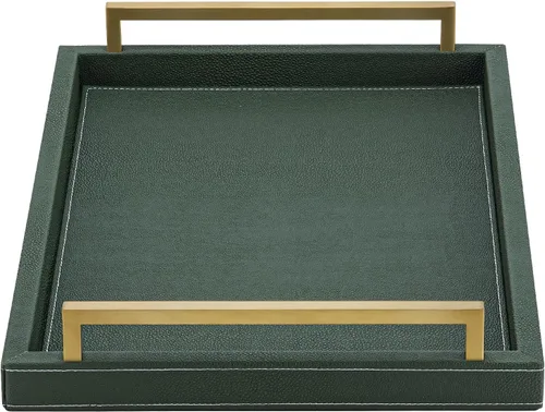 Miniatura 9 de XIGEXIGE Bandeja de servicio de piel sintética negra, 17 x 12 pulgadas, asas doradas cepilladas, bandeja decorativa para mesa de café otomana, sala
