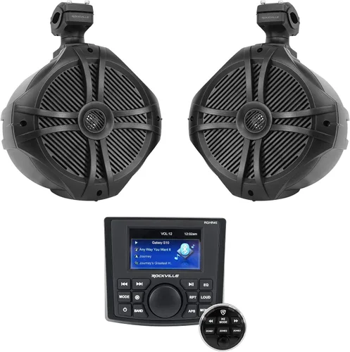 Rockville RGHR45 Receptor de agujero de calibre marino de 4 zonas, Bluetooth/Radio/Paquete remoto con cable con (2) Rockville RWB90B Negro 8" 300w