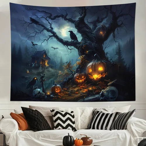 Miniatura 34 de HVEST Tapiz de Halloween para colgar en la pared, esqueleto de terror, cráneo, cementerio, calabaza, farol, bosque muerto, tapiz nocturno