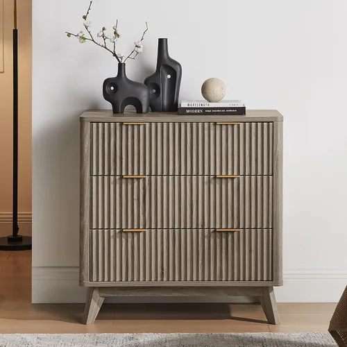 Miniatura 25 de T4TREAM Cómoda acanalada de 3 cajones, cómoda moderna de 32 pulgadas de alto, diseño de perfil curvo, organizador de cajones de madera para Aliso