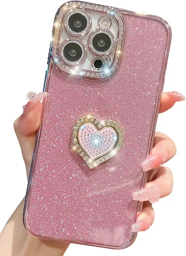 Miniatura 18 de Bonita funda compatible con iPhone 13 Pro de 6.1 pulgadas, diamantes brillantes + fundas de tarjetas con purpurina con soporte de corazón de amor