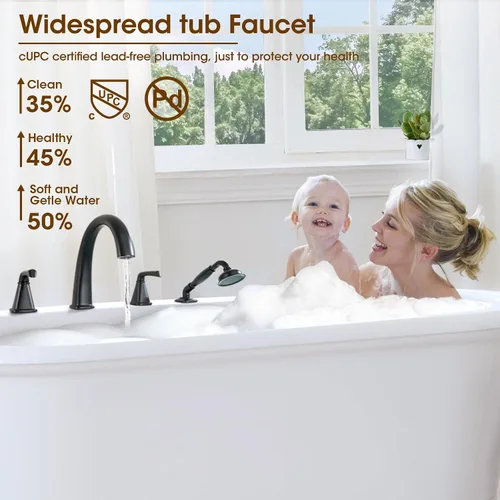 Miniatura 3 de Grifo de bañera romana de alto flujo con ducha de mano, grifo de bañera de montaje en cubierta mate negro de 4 agujeros con válvula, grifos