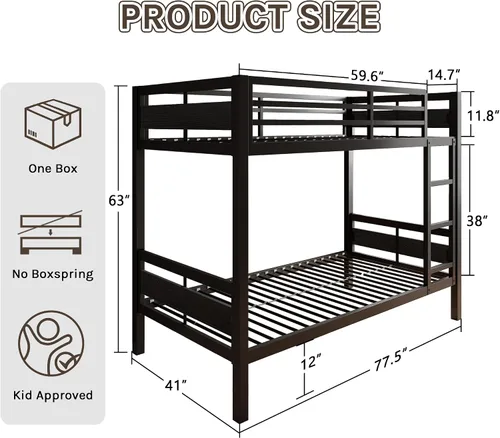 Miniatura 2 de Litera de camas individuales con superposición, literas de metal resistentes con barandilla de longitud completa, cama de acero que ahorra espacio