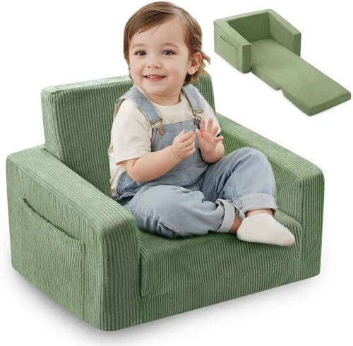 Silla para bebés y niños, 2 en 1 Sofás blandos para bebés que se despliegan, Sillas para bebés cómodas de 1 a 3 años, Sofá convertible a salón, Verde