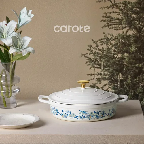 Miniatura 8 de CAROTE Sartén de hierro fundido esmaltado de 3.5 cuartos de galón, sartenes florales poco profundas para horno holandés, olla de hierro fundido