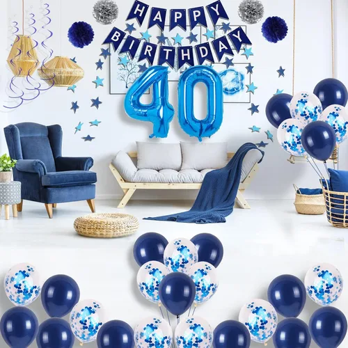Miniatura 3 de Decoraciones de Cumpleaños Azules del 40, Decoraciones de Cumpleaños 40 Azul Marino para Hombres y Mujeres, Globos de Feliz 40 Cumpleaños Azul-a-40