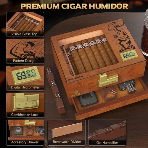 Miniatura 2 de Caja de humidor para puros XIFEI, estuche de escritorio de madera de cedro con higrómetro digital, humidificador, divisor, cajón de accesorios