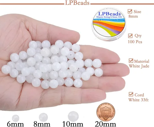 Miniatura 2 de LPBeads 100 piezas de cuentas sueltas de jade blanco natural pulido de 8 mm y redondo con cordón elástico para hacer joyas y pulseras Jade blanco