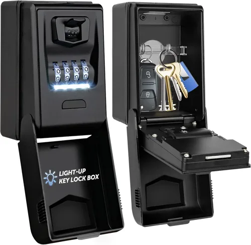 Miniatura 10 de HUANLANG Caja de bloqueo de llave para montaje en pared, caja de bloqueo de combinación para exteriores con 6 diales iluminados, impermeable, gran