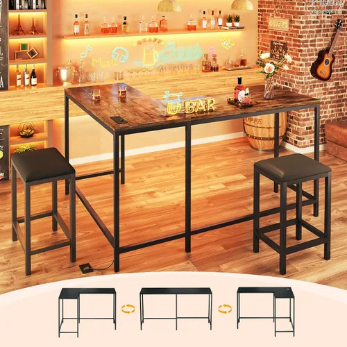 Miniatura 10 de HUAHUU Juego de mesa de bar y sillas para 2-4, mesa de cocina convertible en forma de L de 63 pulgadas con tomas de corriente, mesa de comedor