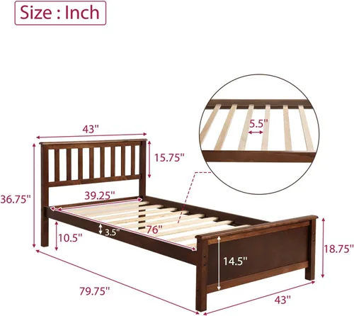 Miniatura 2 de P PURLOVE Base de cama individual de madera con cabecero, estribo y soporte de listones de madera, nogal Nogal/Con Plataforma