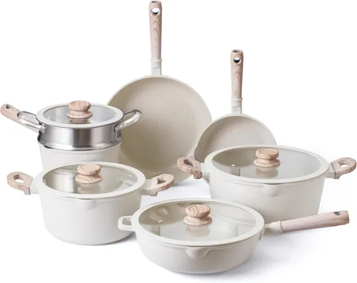 Juego de utensilios de cocina antiadherentes de aluminio fundido Country Kitchen - Utensilios de cocina duraderos para cocina diaria, mango redondo