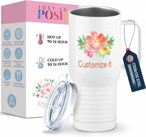 Miniatura 20 de Just So Posh Abuela Flowers Tumbler, Vaso de Café de Viaje con Asa y Tapa Deslizante, Blanco 20 oz Polar Camel, Acero Inoxidable, Aislado al Vacío