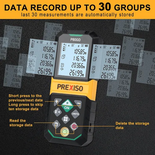 Miniatura 7 de PREXISO Medidor Láser Recargable, Herramienta de Medición Láser de Haz Verde de 265 Pies con Sensor de Ángulo y Almacenamiento de 30 Conjuntos