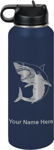 Miniatura 67 de LaserGram Botella de agua personalizada, gran tiburón blanco, acero inoxidable de doble pared aislada al vacío con popote superior, regalo grabado
