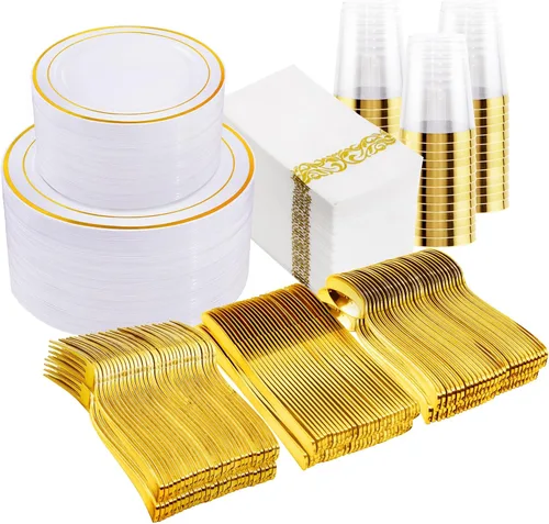 Miniatura 12 de Juego de vajilla dorada de 700 piezas, juego de vajilla desechable transparente para 100 invitados para fiestas, bodas, incluye: 200 platos Dorado