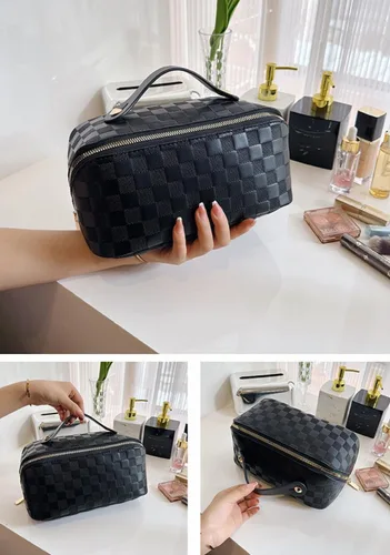 Miniatura 8 de Bolsas de maquillaje a cuadros de gran capacidad, bolsas de cosméticos portátiles de viaje, bolsa de aseo abierta y plana para mujeres y niñas