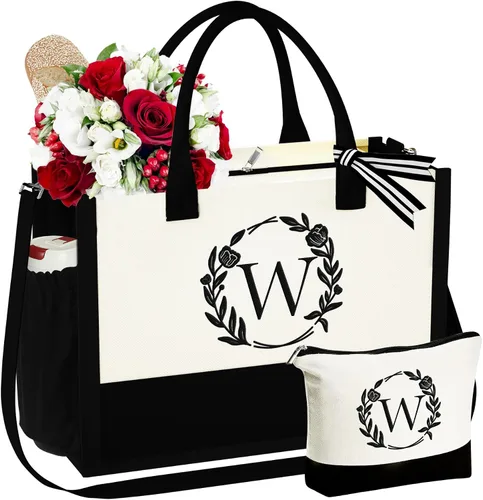 Miniatura 21 de YOOLIFE Bolsa de lona con inicial, bolsa de playa, bolsa de maquillaje con cremallera, regalos personalizados para madres, amigas, regalos