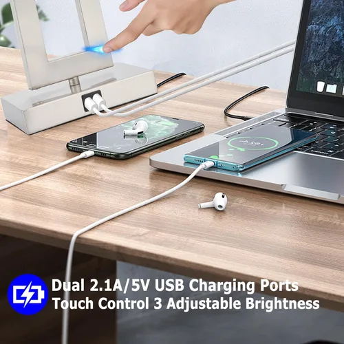 Miniatura 3 de Juego de 2 lámparas de mesa con control táctil con USB doble, regulable de 3 vías para dormitorio, sala de estar, oficina, bombillas LED incluidas