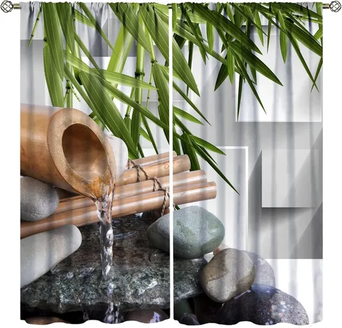 Miniatura 26 de Cortinas con estampado de bambú verde natural, plantas asiáticas, japonesas, tallos rústicos, hojas, cortina de selva con bolsillo para cortinero