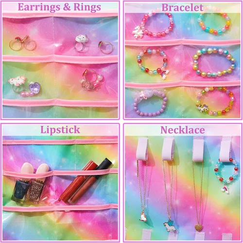 Miniatura 4 de FIOBEE Organizador de joyas colgante para niñas, soporte de almacenamiento de joyas de unicornio con colgador para niños, aretes, collar, pulsera