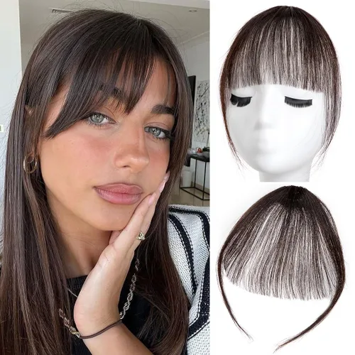 Miniatura 17 de Flequillo con clip, extensiones de cabello humano 100 % real, flequillo con clip para mujer, extensiones curvadas para uso diario