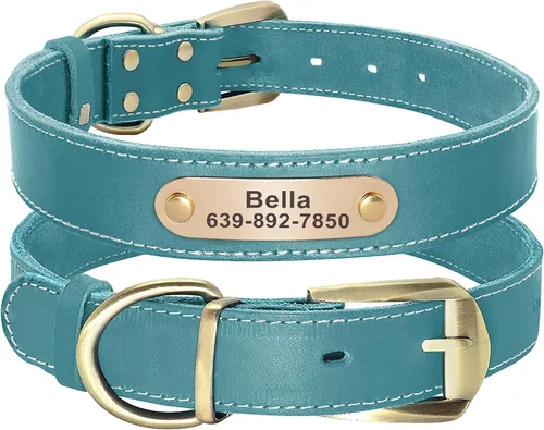 Didog Collares de perro de cuero genuino con placa de identificación grabada, collar de perro de cuero suave personalizado con etiqueta de Azul