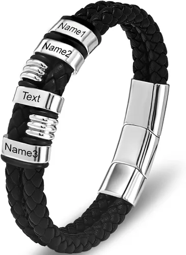 Miniatura 28 de Pulsera personalizada para hombre con cuentas de nombre personalizadas, pulsera de cuero trenzado personalizada grabada con 2-6 nombres
