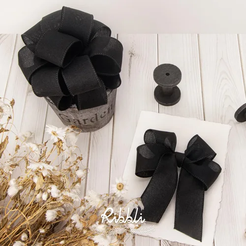 Miniatura 2 de Ribbli - Cinta de lino negro con alambre, 1-1/2 pulgadas x 10 yardas, cinta de arpillera con alambre para coronas, lazos grandes, envolver regalos
