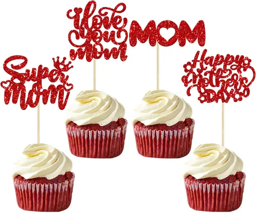 Miniatura 17 de Gyufise 1 pieza de decoración de pastel para el Día de la Madre con purpurina de corazón Love You Mom Cake Pick Rose Flower Best Mom Cupcake Decor