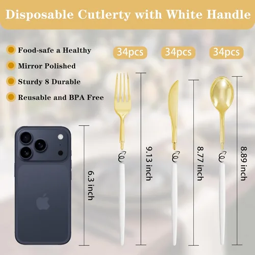 Miniatura 3 de Supernal Juego de cubiertos de plástico dorado de 102 piezas con elegantes asas blancas, cubiertos desechables resistentes