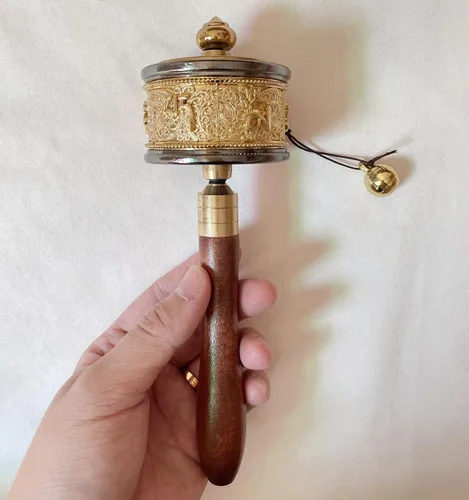 Miniatura 6 de Rueda de oración de mano de cobre con budista tibetano de seis caracteres de verdad de Buda de primera calidad, rueda de oración de mango de madera