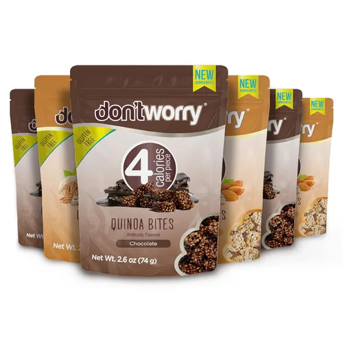 Don't Worry Bocados orgánicos de quinua | Sabor a nuez de chocolate y almendras | Caramelo sin azúcar, 4 calorías por pieza, galletas cetogénicas,