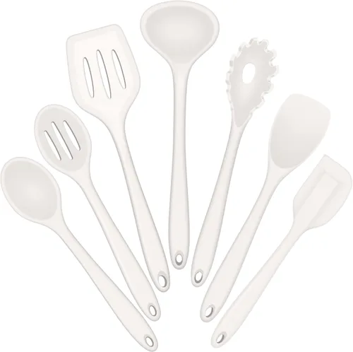 E-far Juego de utensilios de cocina de silicona, juego de 7 piezas de utensilios de cocina resistentes al calor en color blanco, utensilios de