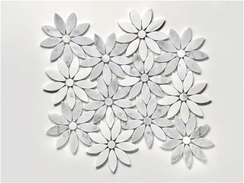 Miniatura 2 de Tenedos Margarita Flor de 10 x 12 pulgadas - Carrara italiana blanca y gris con mármol Thassos pulido mosaico para cocina, baño, pared o ducha
