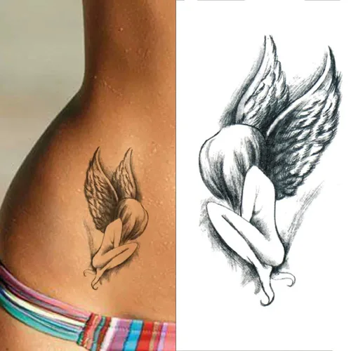 Juego de 2 calcomanías de tatuaje temporales pequeñas, diseño de ángel negro oscuro para mano, cuello, cara, muñeca, impermeable, arte corporal,