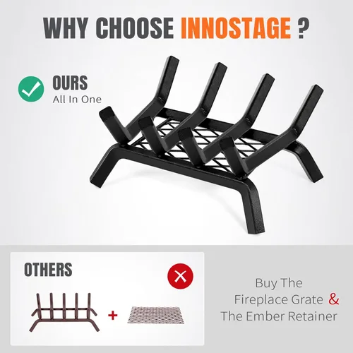 Miniatura 3 de Rejillas de chimenea con retenedor de brasa, rejilla de leña para chimenea de 14 pulgadas, rejilla de estufa de leña, estante para troncos de leña