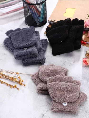 Miniatura 7 de 3 pares de guantes sin dedos para niños, guantes convertibles con tapa abatible, guantes de punto suave de invierno para niños y niñas
