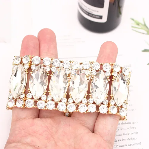 Miniatura 5 de Elegante brazalete elástico de doble fila con forma de marquesa de cristal para novia, joyería para mujer