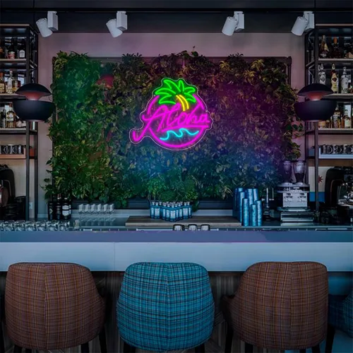 Miniatura 8 de Aloha - Letrero de neón de palmera para fiesta en la playa, letrero LED de verano tropical Aloha para decoración de pared de bar Tiki hawaiano