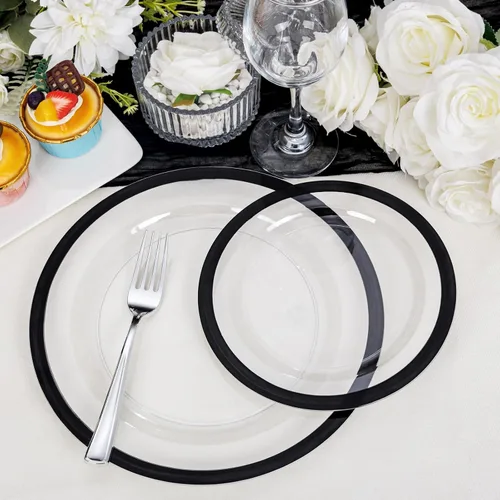 Miniatura 3 de U-QE 120 platos negros desechables para fiestas, platos transparentes y negros, desechables, resistentes, platos desechables elegantes, incluyen 60